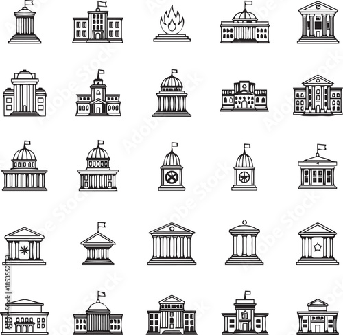 Government Civic Buildings Black White Minimal Line Icon Set