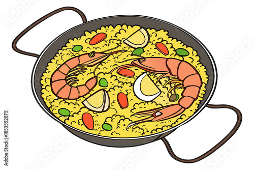 realistic luxury flat illustration of Spanish paella pan, saffron rice texture, shrimp and vegetables with refined color separation, minimal flat shadows maintaining realism