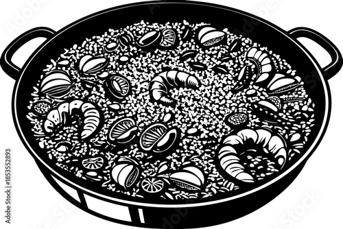 realistic luxury flat illustration of Spanish paella pan, saffron rice texture, shrimp and vegetables with refined color separation, minimal flat shadows maintaining realism