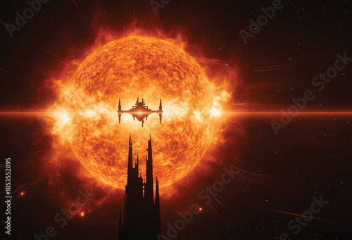 Hot red glowing sun in sky over a large city in summer with a drone monitoring the overall city situation.