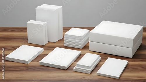 Various stacks of plain white paper and cardstock in different sizes and orientations on a wooden table.