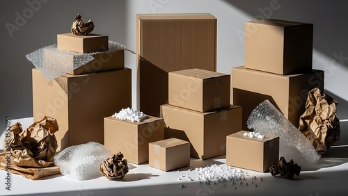 A collection of various sized cardboard boxes and different types of packing materials like bubble wrap, crumpled paper, and packing peanuts on a white surface.