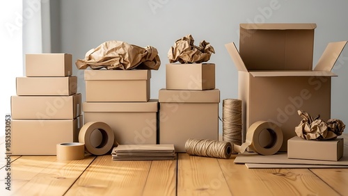 A collection of various cardboard boxes, packing tape, and brown paper on a wooden table, ready for shipping or moving.