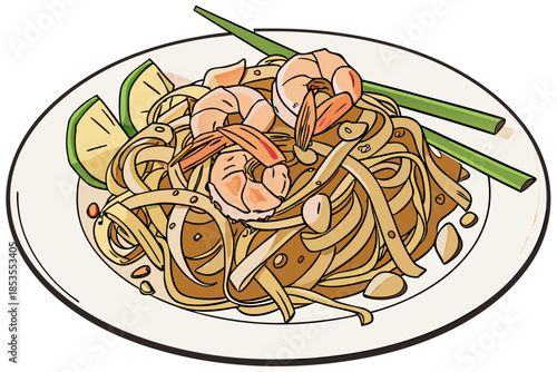 luxury realistic flat Pad Thai illustration, glossy noodles, shrimp and peanuts with natural tones, balanced flat lighting and realistic detail, premium Thai cuisine artwork