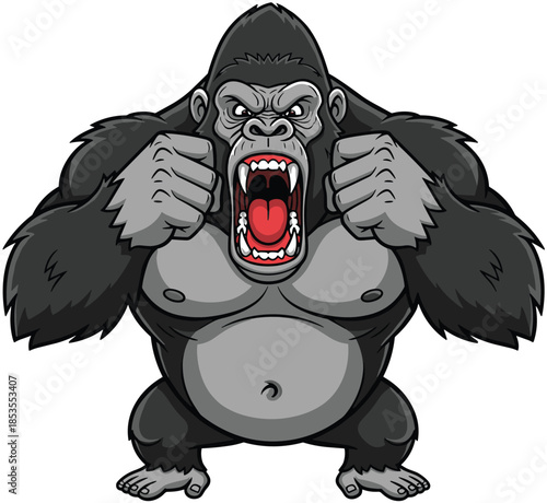 Aggressive gorilla roaring with clenched fists, powerful wild animal illustration, jungle wildlife concept, strong ape character, cad drawing flat vector illustration