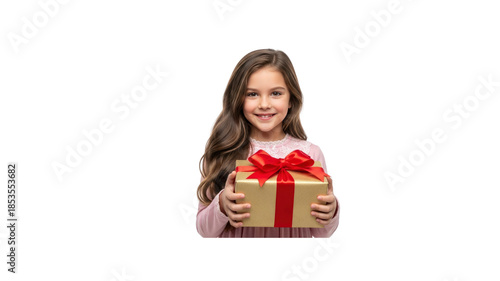 Little girl smiling holding gold gift box