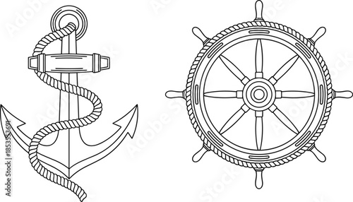 anchor, helm, nautical, rope, wheel, silhouette, maritime, sea, ocean, ship, sailor, navigation, vintage, marine, black, vector, illustration, symbol, steering, decor