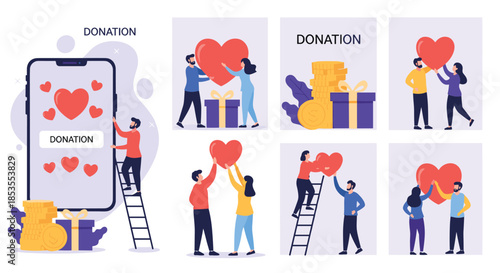 Donation and charity concept icon set showing people giving hearts, money, and gifts, including a mobile app for online donations.