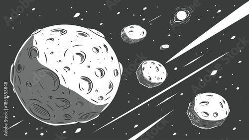 Illustration of asteroids in space with a large meteor and smaller rocks