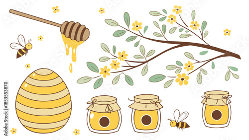 Illustration of honeycombs bees honey jars and flowers in a natural setting