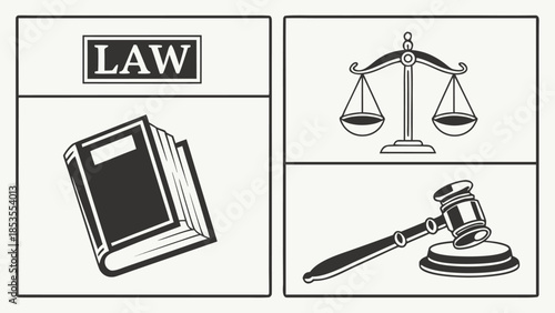 Law and Justice Icons Collection with Scales of Justice and Law Books