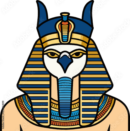 Pop art Horus pharaoh illustration in flat vector style with falcon head, striped blue and gold nemes headdress and ornate collar