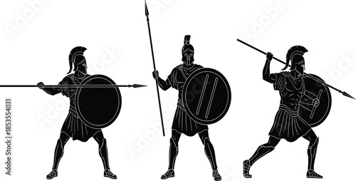 Ancient Greek warriors silhouette, hoplite soldiers in combat stance, spear and shield, classical armor, historical military illustration, black vector art