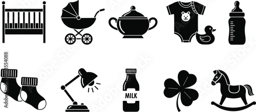Baby and household item icons, silhouette set, black vector, infant essentials, minimal design, nursery symbols, white background