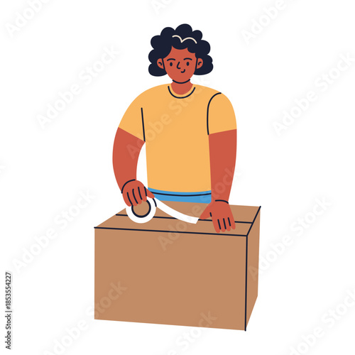 Flat cartoon vector illustration of woman packing cardboard box and sealing with tape, shipping and moving, simple work scene, practical mood for delivery, relocation and logistics project