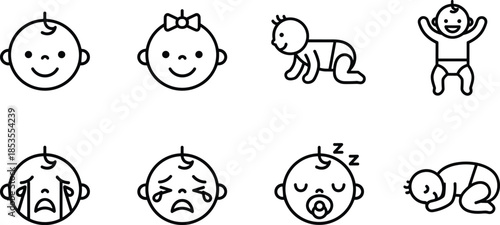 Baby expressions line art, crawling, crying, sleeping, standing, black vector, infant emotions, parenting illustration, minimal design, white background
