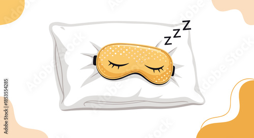 Cute sleeping mask on a soft white pillow with Zzz symbols, illustrating the concept of getting a good night's rest and sleep.