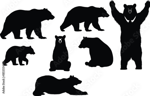Bear silhouette collection, various poses, black vector, animal behavior illustration, wildlife graphic, nature concept, minimal design, white background