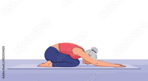 Senior woman with grey hair practicing yoga in child's pose, also known as balasana, for relaxation and stretching on a purple mat.