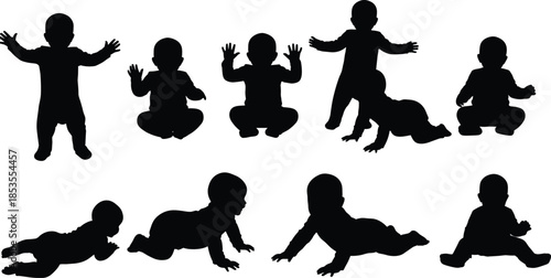Baby silhouette collection, crawling, sitting, standing poses, black vector, infant movement, developmental stages, minimal design, white background