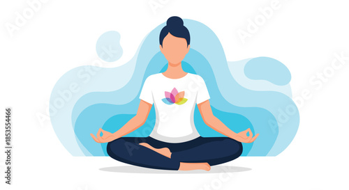 Woman meditating in the lotus position, practicing yoga for mindfulness, relaxation, and mental well-being against a calm blue background.