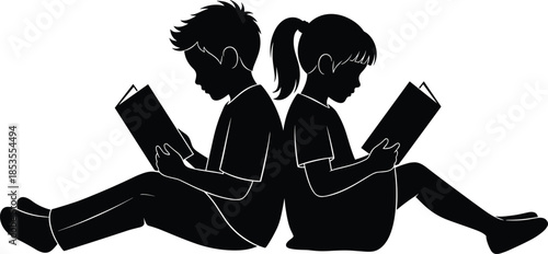 reading, book, silhouette, children, kids, education, school, study, learning, vector, boy, girl, sitting, black, knowledge, reading book, two children, school kids, 