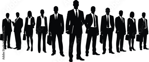 Business team silhouette, corporate professionals, leadership concept, black vector, teamwork illustration, formal attire, office people, career group, white background