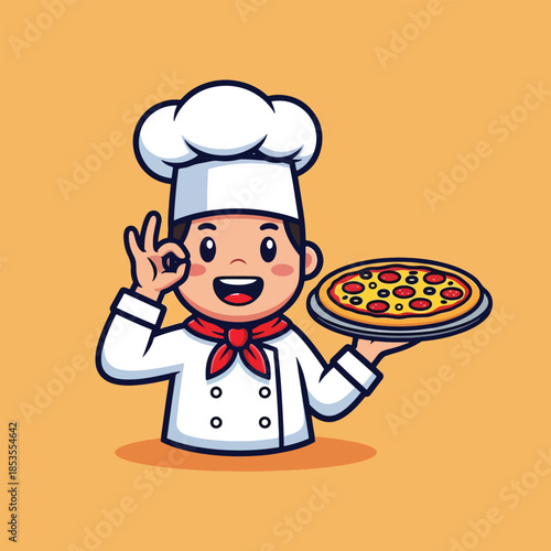 Cartoon Chef Holding Pizza Making OK Gesture.