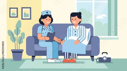 Nurse and Patient in a Comfortable Living Room. The nurse is checking on the patient at home, creating a safe and trustworthy environment