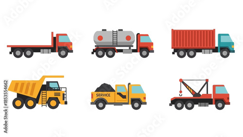 Six different trucks in a row, each designed for a specific purpose, showcasing the diversity of transport vehicles