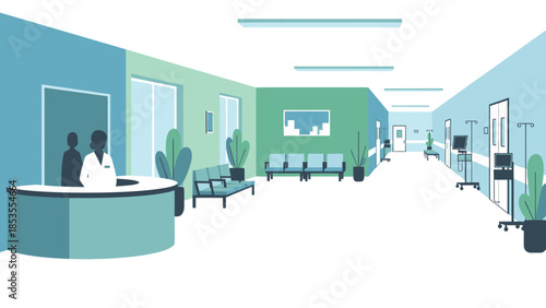 A long hospital corridor with a receptionist and chairs, portraying a clean, professional environment