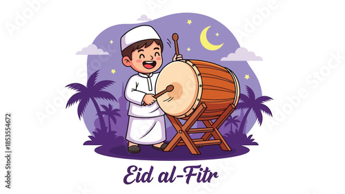 Cartoon Muslim boy playing traditional drum for Eid al-Fitr.