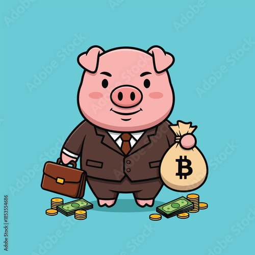 Cartoon pig businessman holding Bitcoin money bag and briefcase, surrounded by cash.