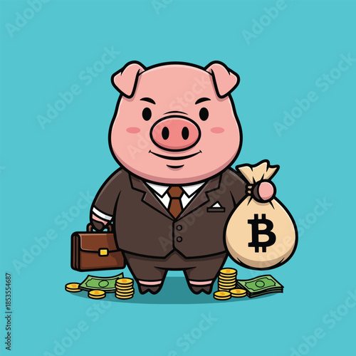 Cartoon pig businessman with briefcase and Bitcoin money bag, surrounded by cash and coins.