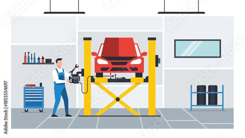 A mechanic working on a car in a repair shop. The image shows the car on a lift