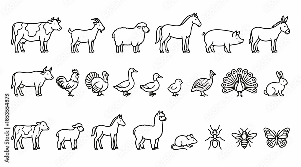 Naklejka premium Farm Animal Vector Set with Cow, Horse, Goat, Pig, Rabbit, Poultry, Insects, Black and White Line Icons for Education, Worksheets, and Kids Learning