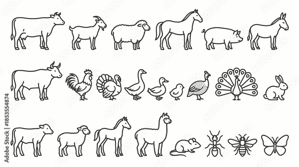 Naklejka premium Farm Animal Vector Set with Cow, Horse, Goat, Pig, Rabbit, Poultry, Insects, Black and White Line Icons for Education, Worksheets, and Kids Learning