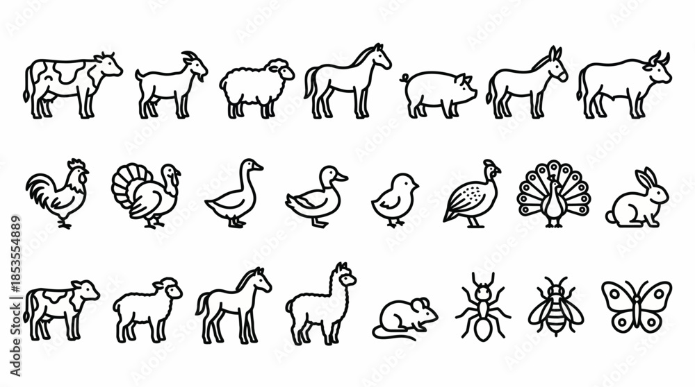 Naklejka premium Farm Animal Vector Set with Cow, Horse, Goat, Pig, Rabbit, Poultry, Insects, Black and White Line Icons for Education, Worksheets, and Kids Learning