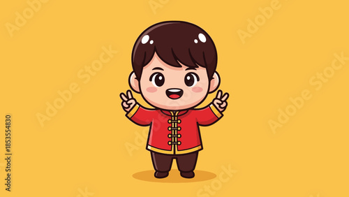 Cute cartoon boy in red traditional Chinese outfit making peace signs.