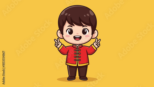 Cute Cartoon Boy in Traditional Chinese Red Outfit Making Peace Sign.