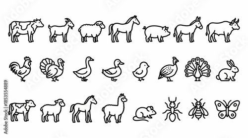 Farm Animal Vector Set with Cow, Horse, Goat, Pig, Rabbit, Poultry, Insects, Black and White Line Icons for Education, Worksheets, and Kids Learning