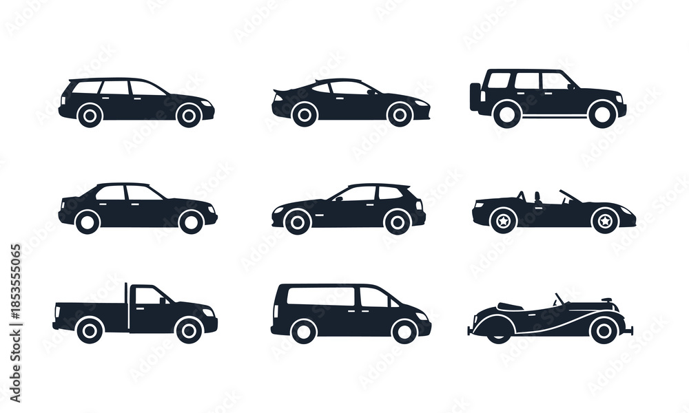 Fototapeta premium Collection of various car types side view vehicle silhouette icons