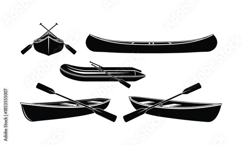 Canoes and paddles boats for river water transportation and recreation