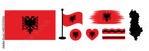 Albania National Flag design Elements Collection set. Includes Albania Official Flag, Albania Map Silhouette, Waving Flag, Heart and Circle Icons, and Artistic Brush Stroke Designs.