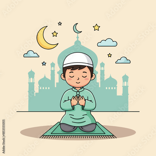 Cute Cartoon Muslim Boy Kneeling in Prayer on Mat.