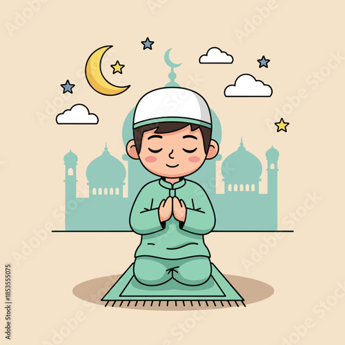 Cute Cartoon Muslim Boy Praying on Mat with Mosque Background.