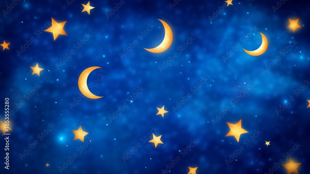 Naklejka premium Stunning celestial display crescent moon and twinkling stars adorn expansive night sky with cosmic beauty.