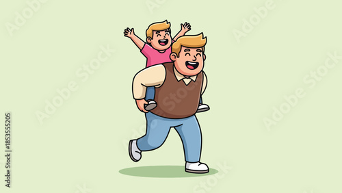Happy cartoon father giving son piggyback ride, joyful family moment.