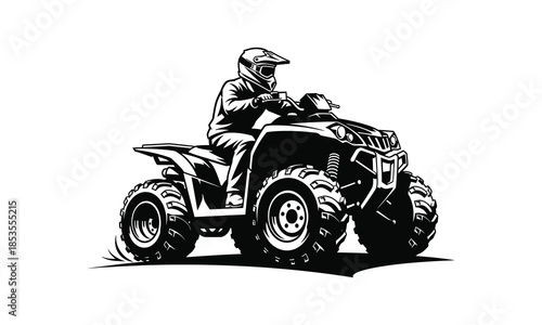 Quad bike racer in helmet riding atv vehicle off road track