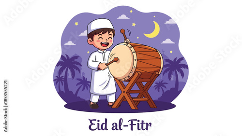 Happy Muslim Boy Playing Traditional Bedug Drum for Eid al-Fitr Celebration.